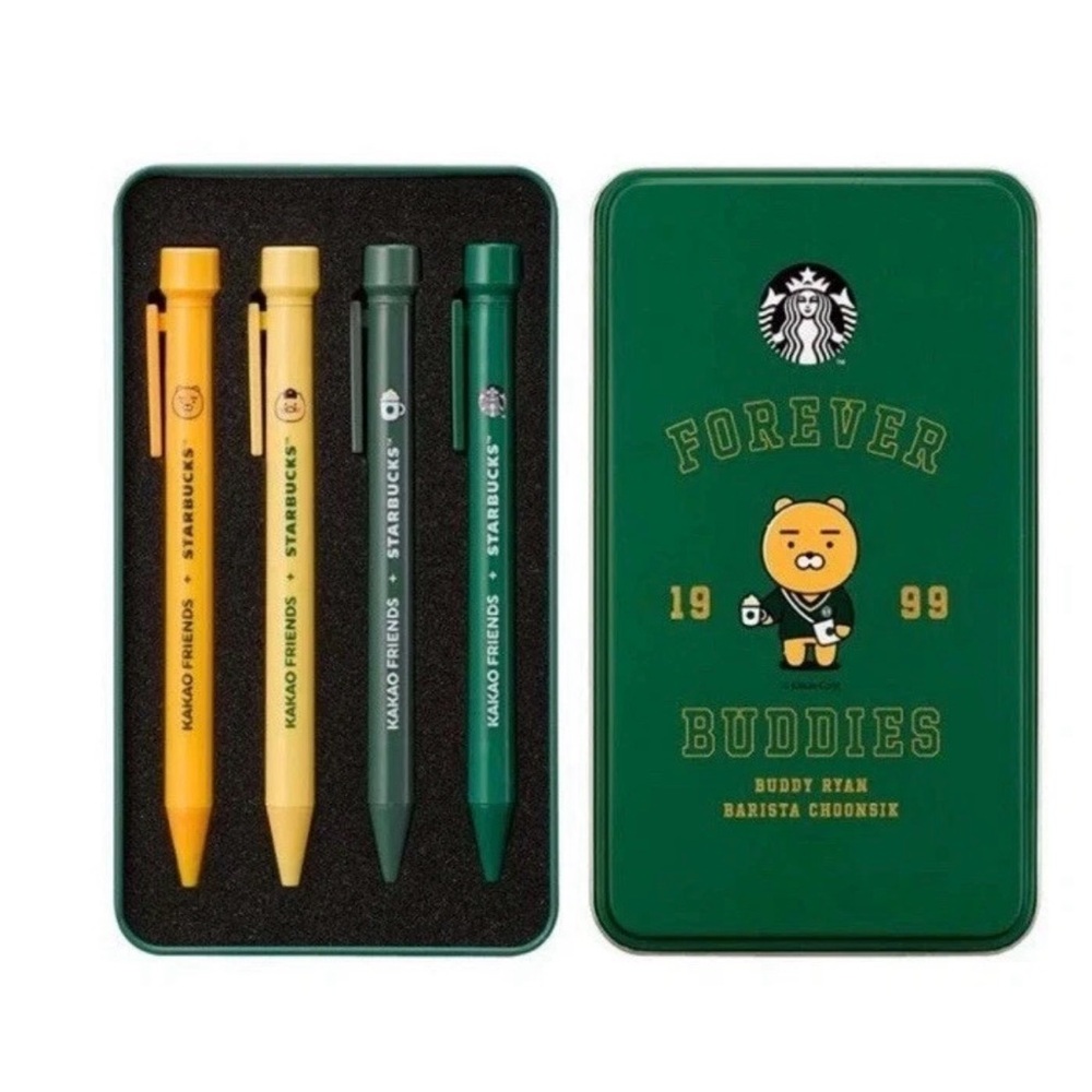 New South Korea Starbucks Kakao Friends Pen Stamp Set Metal Tin Buddy Ryan